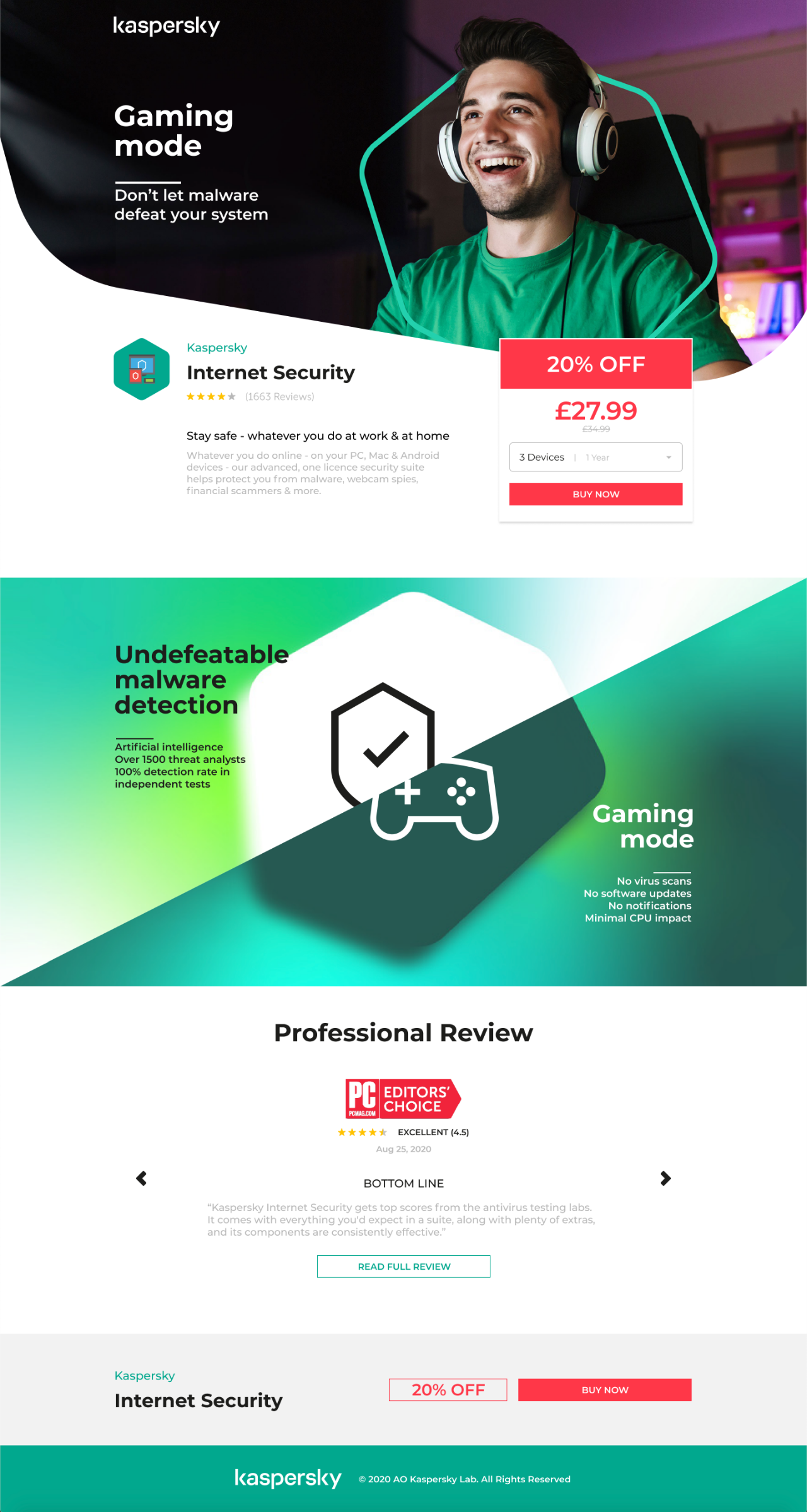 Landing Page Kaspersky Game Mode, versão final